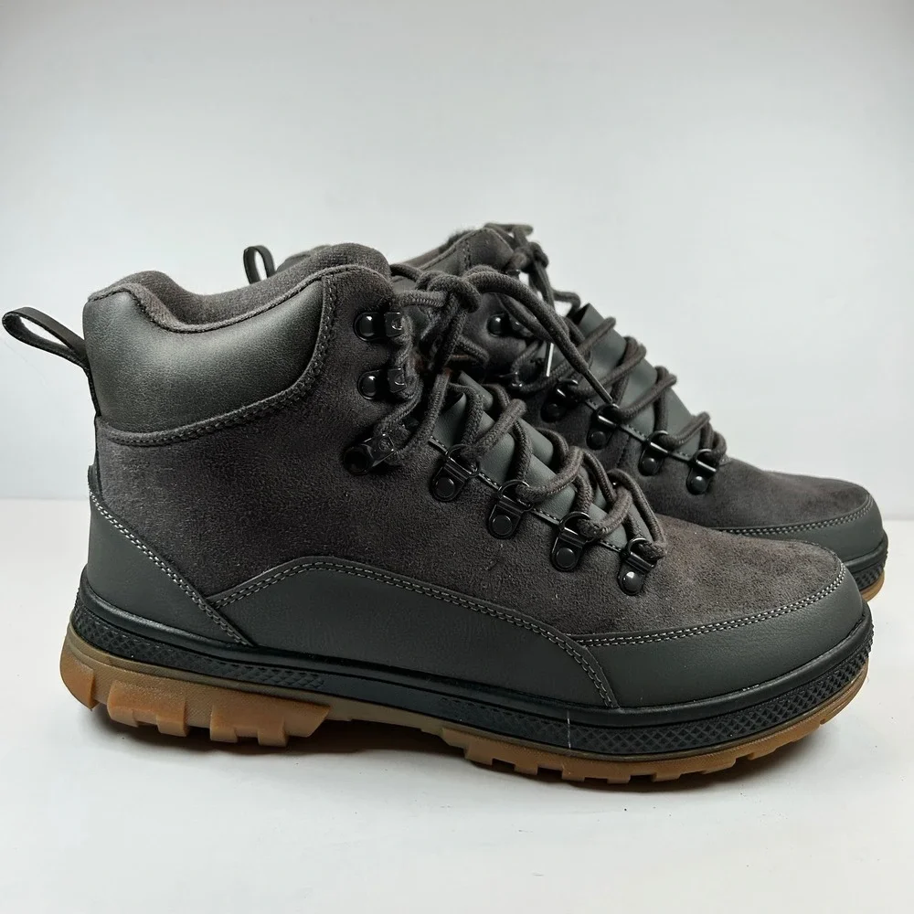 Wondamo Men Grey Suede Leather Winter Snow Boots Lace Up Fur Lined Size 43 US 10
